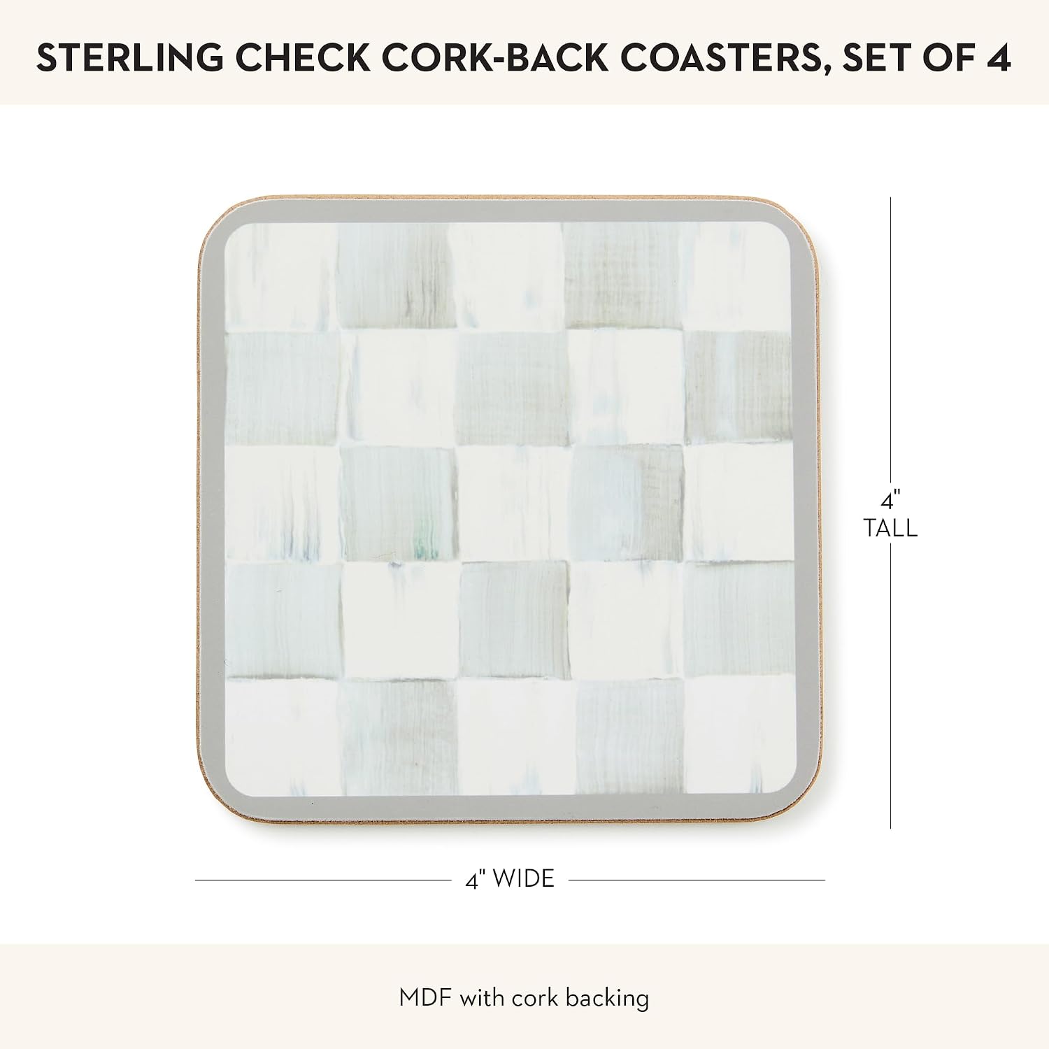MACKENZIE-CHILDS Square Coasters Set, Black-and-White Courtly Check | Hand-painted design, made from MDF with a cork back, table coasters for drinks, 4" square, set of 4