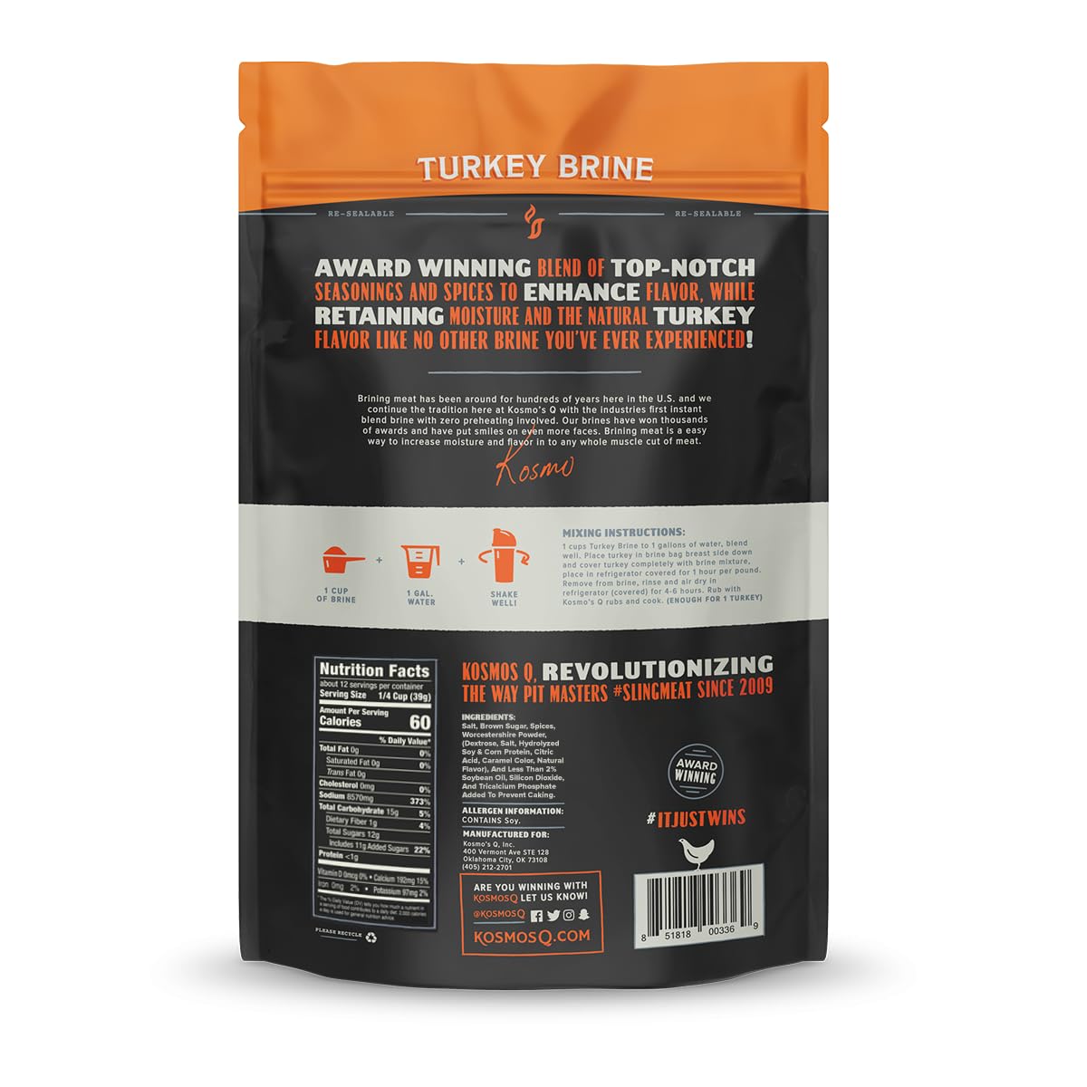 Kosmos Q Chicken Brine Soak, Brown Sugar & Worcestershire Spice Mix For Whole Bird, Breasts, Tenderloins, Grilling, Roasting, Smoking, Locks In Moisture, Savory Flavor, Easy Mix Directions, 16 Oz Bag