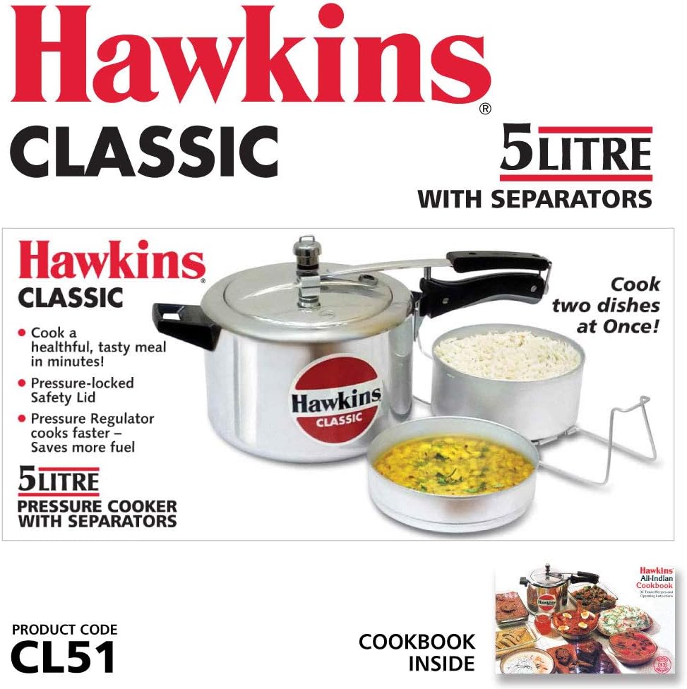 Hawkins 6.5 Litre Classic Pressure Cooker with Pots, Inner Lid Cooker with Separator Set, Silver (CL66)