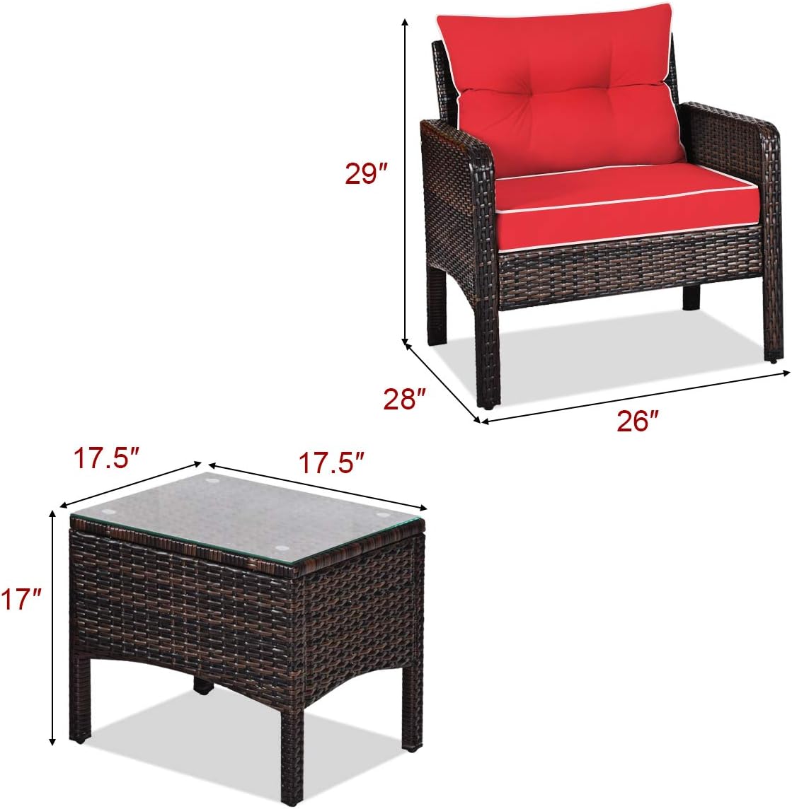 Tangkula 3 Piece Outdoor Patio Furniture Set, Wicker Chairs Set with Glass Top Coffee Table, Thick Cushions