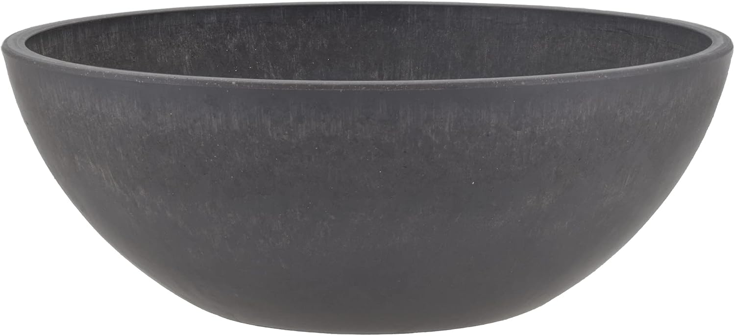 PSW Pot Collection M30DC 12-inch Plastic/Stone/Wood Composite Low Bowl Planter – No Drainage Hole (Drillable), Shallow Indoor/Outer Pot for Succulents, Bonsai, Fairy Gardens, Herbs, Dark Charcoal