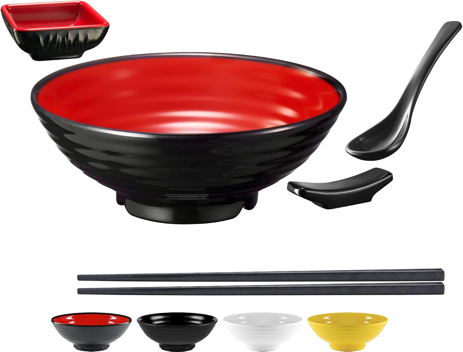 Unbreakable Ramen Bowl Set with Chopsticks and Spoon: 2 large Japanese Style Melamine Ramen Bowls