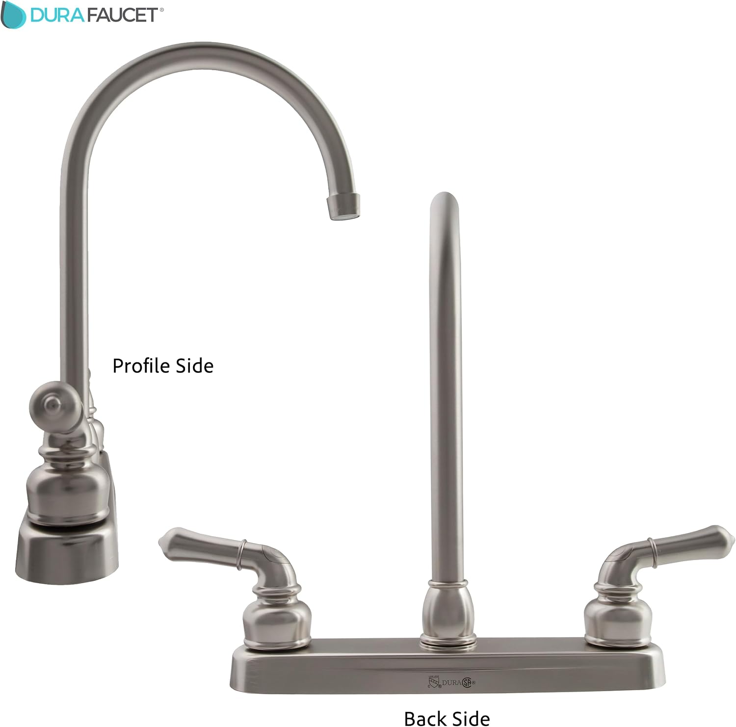 Dura Faucet DF-PK330HC-SN RV J-Spout Kitchen Sink Faucet (Satin Nickel) | Tall spout clears big pots; dual levers fine-tune water flow. Brushed Satin Nickel.