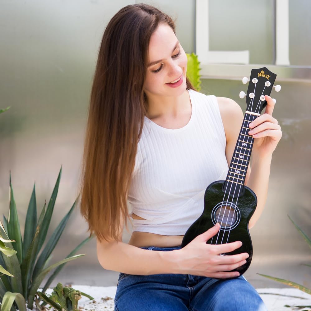 Winzz Soprano Ukulele Starter Kit For Beginners with Bag, Clip-On Tuner, Extra Strings, Strap, Plectrum, Fret Stickers, Chords Card, Polishing Cloth, Black