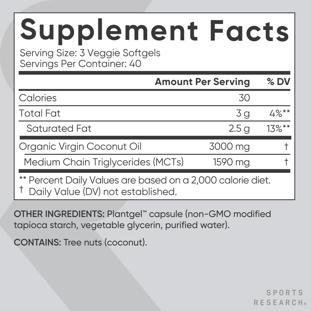 Sports Research® Organic Coconut Oil 3000mg, 120 Softgels | Cold-Pressed