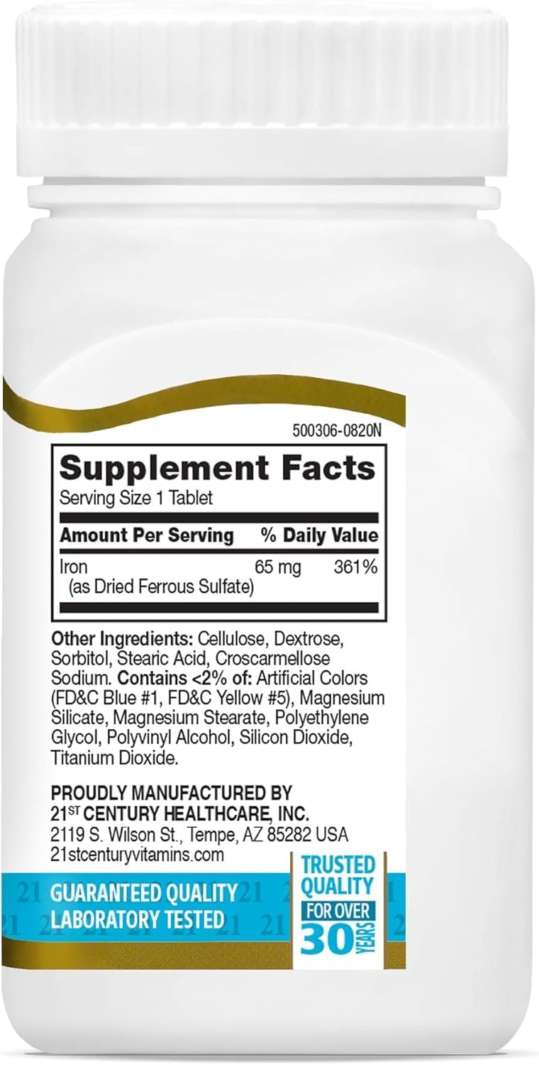 21st Century Slow-Release Iron 65mg High Potency Tablets, 120 Count | High-Potency Iron 65 mg From Ferrous Sulfate, Energy & Healthy Red Blood Cell Support, Slow-Release & Gentle on the Stomach