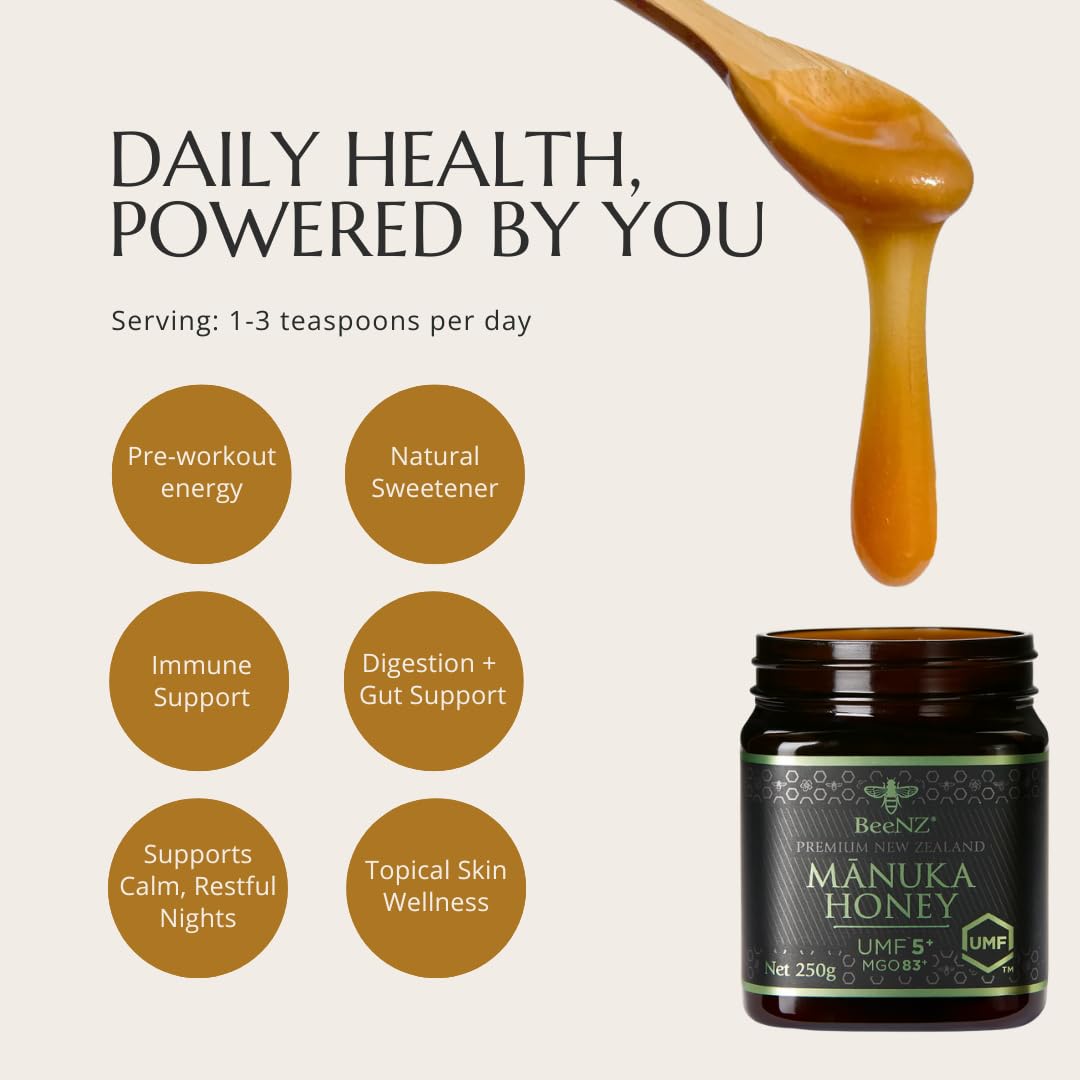BeeNZ Raw Mānuka Honey, Certified UMF 5+ (MGO 83+), Pure New Zealand Monofloral Mānuka, Natural Sweetener, Superfood for Daily Wellness Support, No Sugar Added, Traceable from Hive to Jar, 17.6 oz/500g