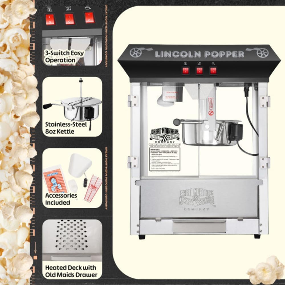 Lincoln Popcorn Machine - 8oz Popper with Stainless-Steel Kettle, Reject Kernel Tray