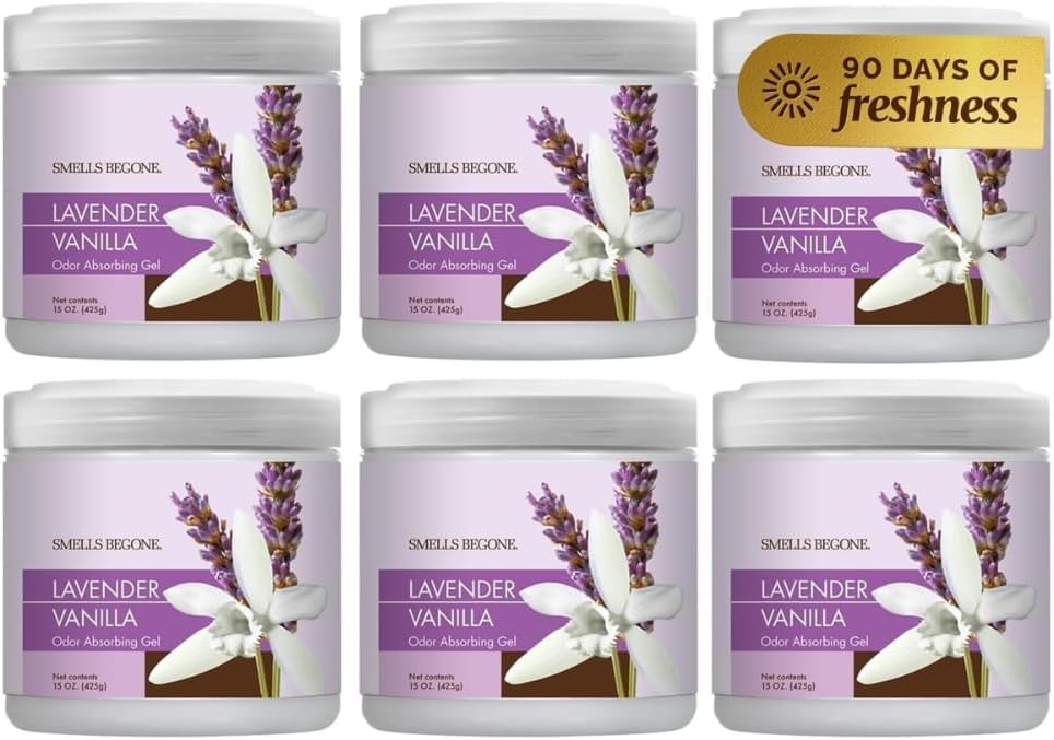 SMELLS BEGONE 15oz Gel Odor Eliminator - Absorb & Remove Tough Odors in Pet Areas, Bathrooms, Basements, Garage, Cars, RVs & Boats - Eliminate Odors Quickly (1-Pack, Lavender Vanilla)