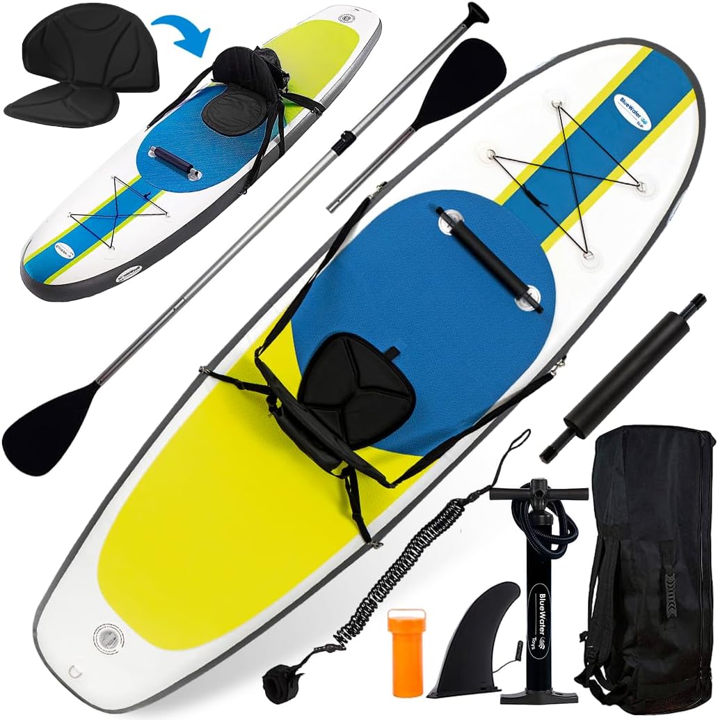 Blue Water Toys Inflatable Crossover Stand Up Paddle Board/Kayak Kit - Pump, Backpack, Coil Leash, Paddles, Detachable Seat, SUP 300 Pound Limit