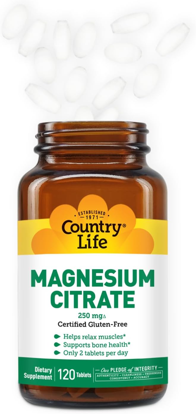 Country Life Magnesium Citrate 250mg - 120 Tablets - Supports Muscle & Nerve Function, Heart Rhythm, Healthy Immune System