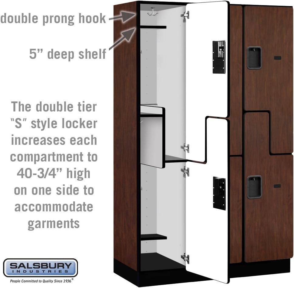 Salsbury Industries 2-Tier S-Style Extra Wide Designer Wood Locker with Three Wide Storage Units, 6-Feet High by 18-Inch Deep, Mahogany