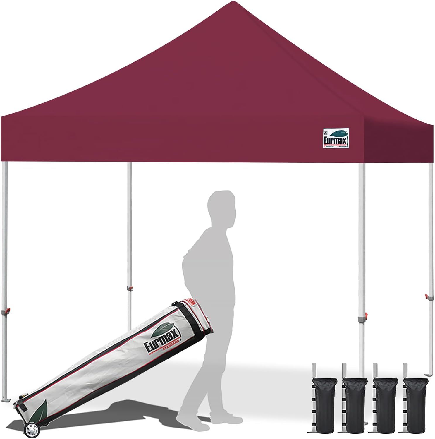 Eurmax USA 10x10ft Pop Up Canopy,Commercial Instant Tent for Outdoor Events,Patented No-Tip Rolling Storage Bag with 4 Sandbags,UV & Water Resistant,Heavy Duty Portable Shelter Gazebo,Black