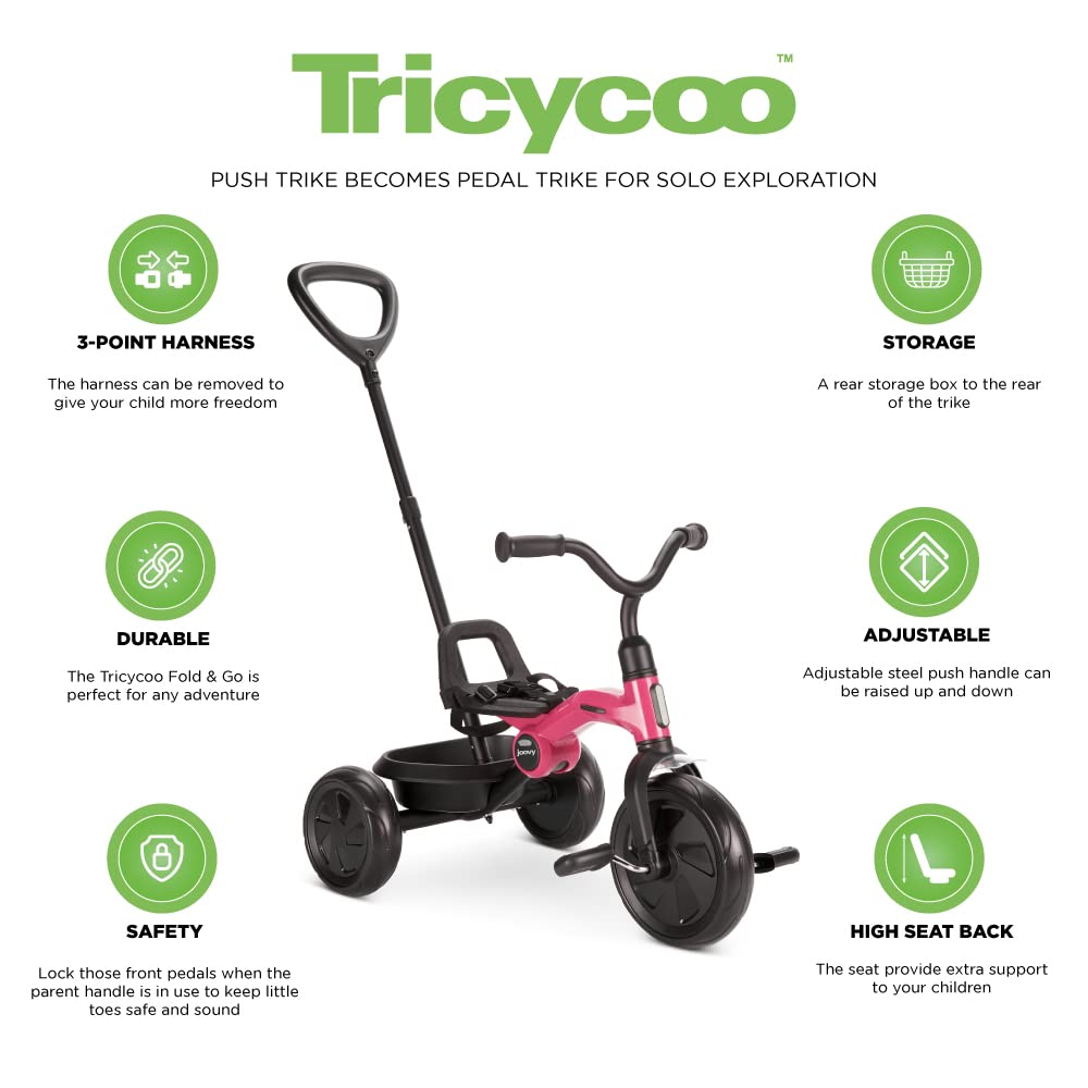 Joovy Tricycoo 4.1 Kids Tricycle with 4-Stages Featuring Extra-Wide Front Tire, Removable and Adjustable Parent Handle, Safety Harness