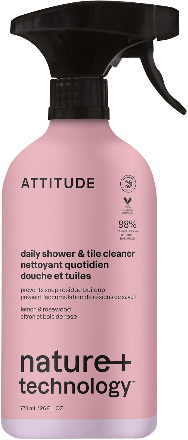 ATTITUDE Shower & Tile Cleaner Spray, EWG Verified, Bathroom Cleaner Removes Soap Scum & Grime, Plant-Based & Vegan, Citrus Zest Scent, 27.1 Fl Oz