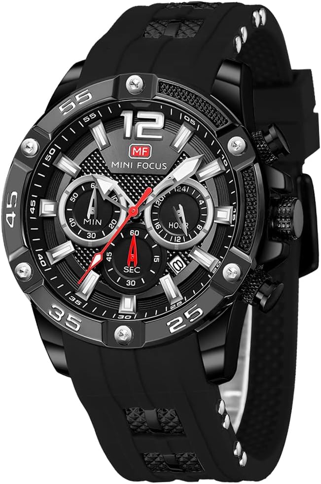 MF MINI FOCUS Men Watch, Chronograph Waterproof Sport Analog Quartz Watches Blue Silicon Strap Fashion Wristwatch for Men