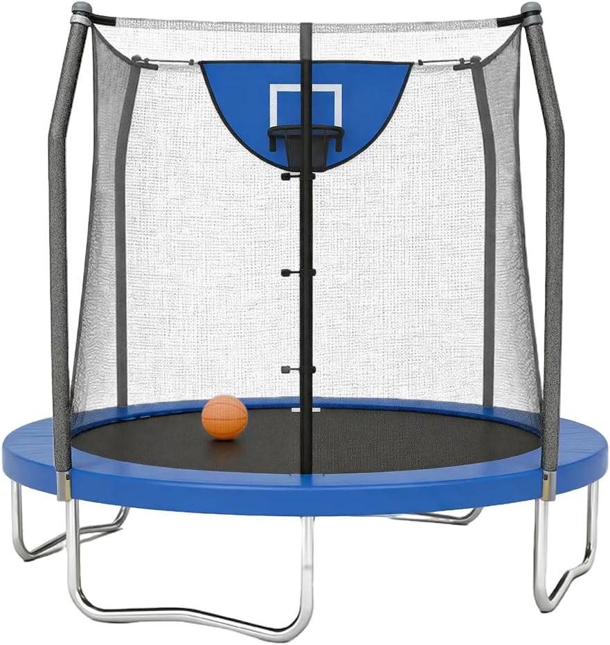 Skywalker Trampoline Outdoor 8 FT, 12 FT, 15 FT Jump N’ Dunk Round Outdoor Trampoline with Net, Trampoline Mat, and Basketball Hoop for Trampoline