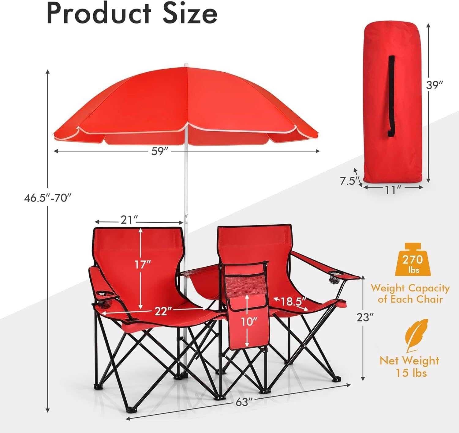 COSTWAY Double Portable Picnic Chairs, Folding Camping Chairs w/Detachable Umbrella, Cooler Bag, Cup Holders, Patio Beach Camping Chairs for Outdoors, Blue | Detachable Umbrella, Cooler Bag, Cup Holders, Patio Beach Camping Chairs for Outdoors, Blue