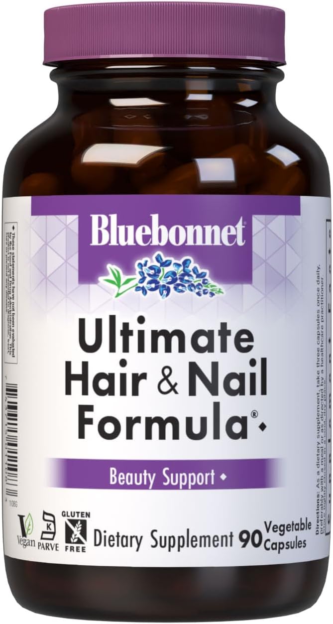 BlueBonnet Nutrition Ultimate Hair and Nail Formula, Vitamins, Minerals, Specialty Nutrients for Beauty Within, Gluten-Free, Kosher-Certified, Dairy-Free, Vegan, 90 Vegetable Capsules, 30 Servings, White | Beauty Support; Vegan, Kosher, Gluten-Free, Dair…