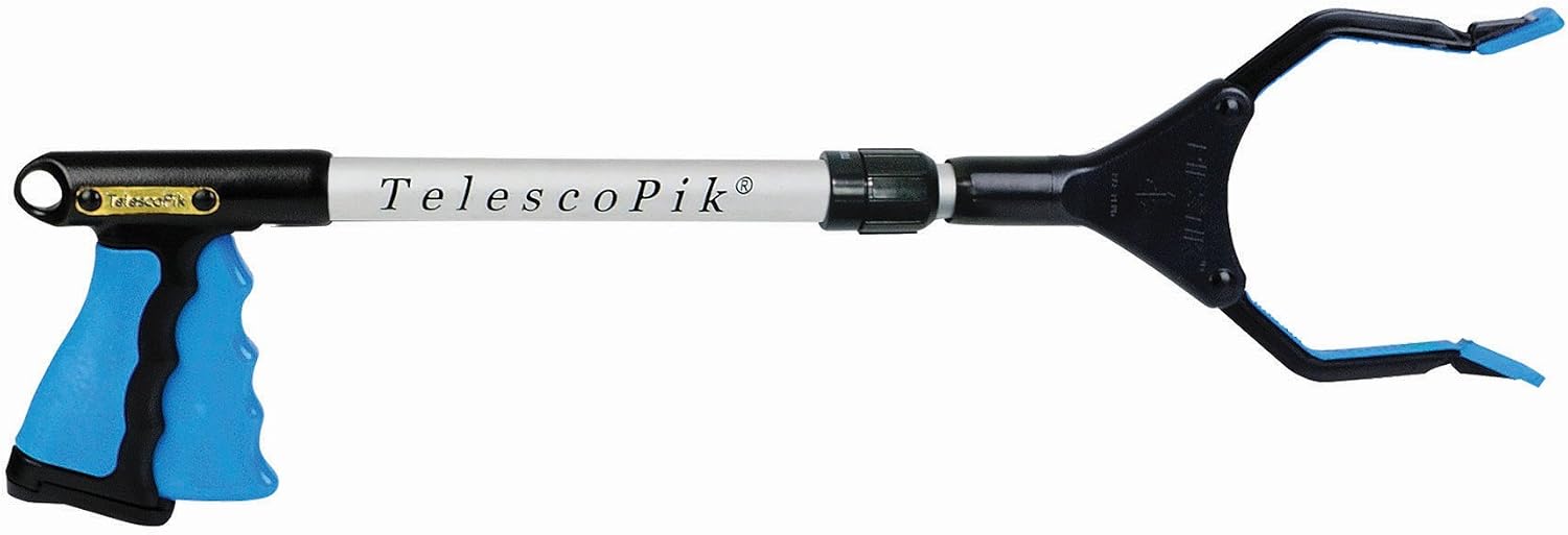 T-2026, Mini TelescoPik Adjustable Length Reacher, Wide 5.5” Jaw, 90° Rotating Jaw, Ergonomic Trigger Grip, Aluminum & Polycarbonate, 20” - 26”