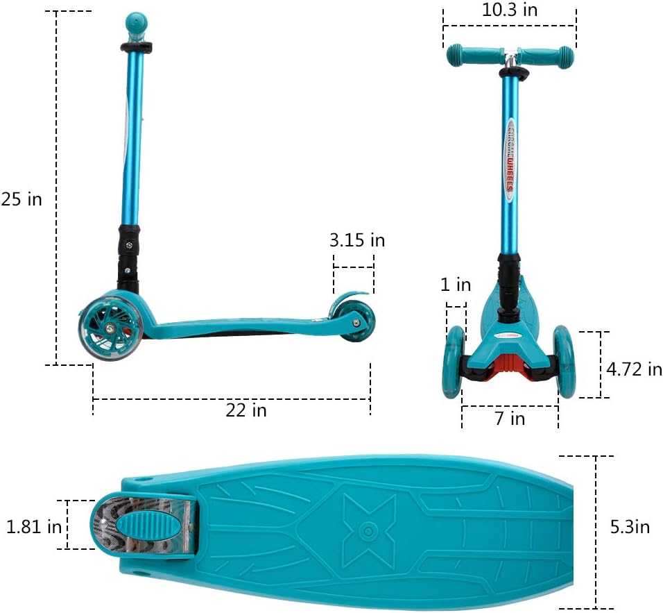 ChromeWheels Foldable Scooters for Kids, Deluxe Kick Scooter 4 Adjustable Height 132lbs Weight Limit 3 Wheel, Lean to Steer LED Light Up Wheels