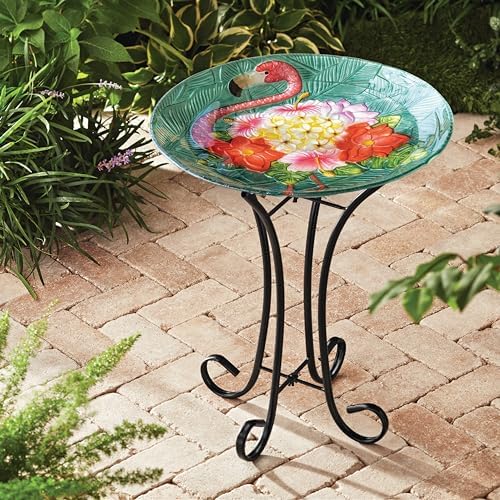 Teamson Home Handpainted Hummingbird Fusion Glass Birdbath Bowl Feeder with Metal Stand for Outdoor Patio Garden Backyard Decking, 21 Inch Height, Purple/Light Blue | Fusion Glass, Metal Stand, Outdoor Patio Garden Backyard Decking, 21 Inch Height