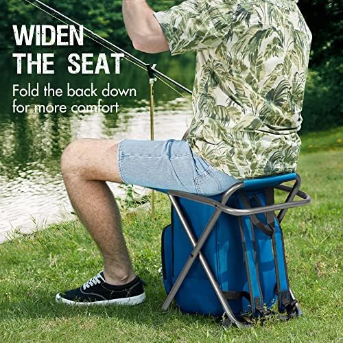 Portal Backpack Cooler Chair with Backrest, Portable Folding Stool | Blue, up to 350 lbs, Cup Holder, Zipper Pocket, Non-slip Foot