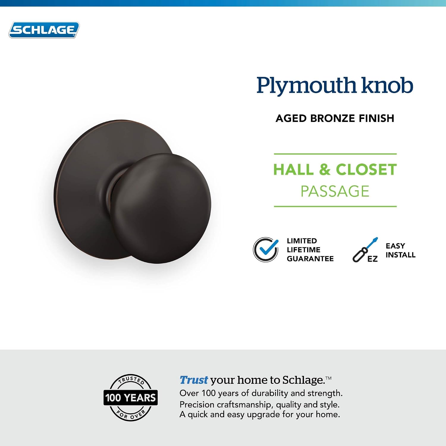 Schlage Plymouth Bed/Bath Privacy Door Knob with Lock, Satin Nickel | Interior bedroom or bathroom door knob with push button lock, Easy to install, Certified durability, Universal fit