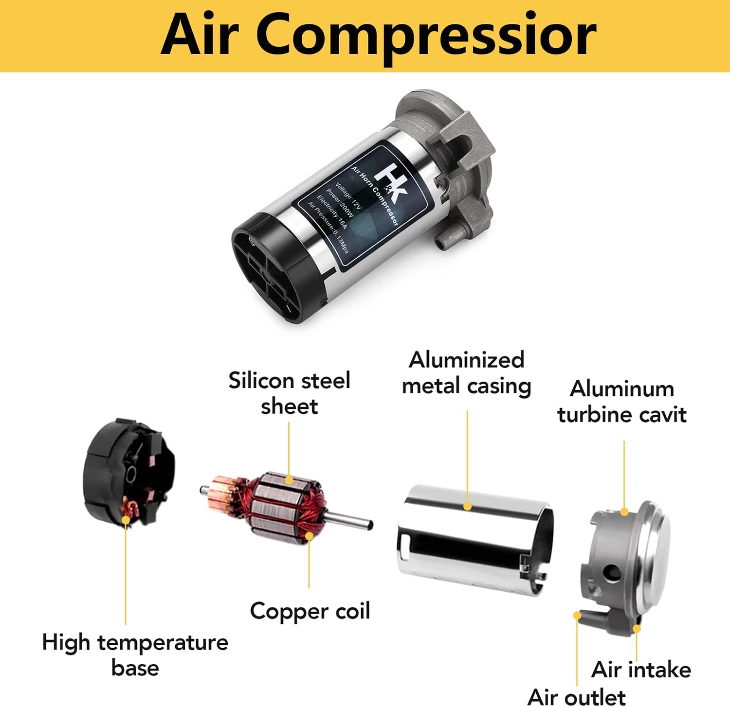 HK 12V 150db Air Horn, 18 Inches Chrome Zinc Single Trumpet Truck Air Horn with Compressor Powerful Loud 150db for Truck Boat SUV Train (Sliver)