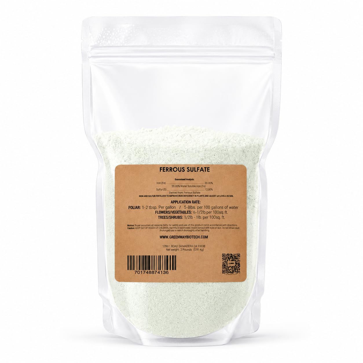 Greenway Biotech Ferrous Sulfate 20% Iron Fe Fertilizer, Water Soluble Plant Food with Sulfur for Lawns Trees Shrubs Vegetables and Acid-Loving Plants, Powder Soil Amendment 1 LB