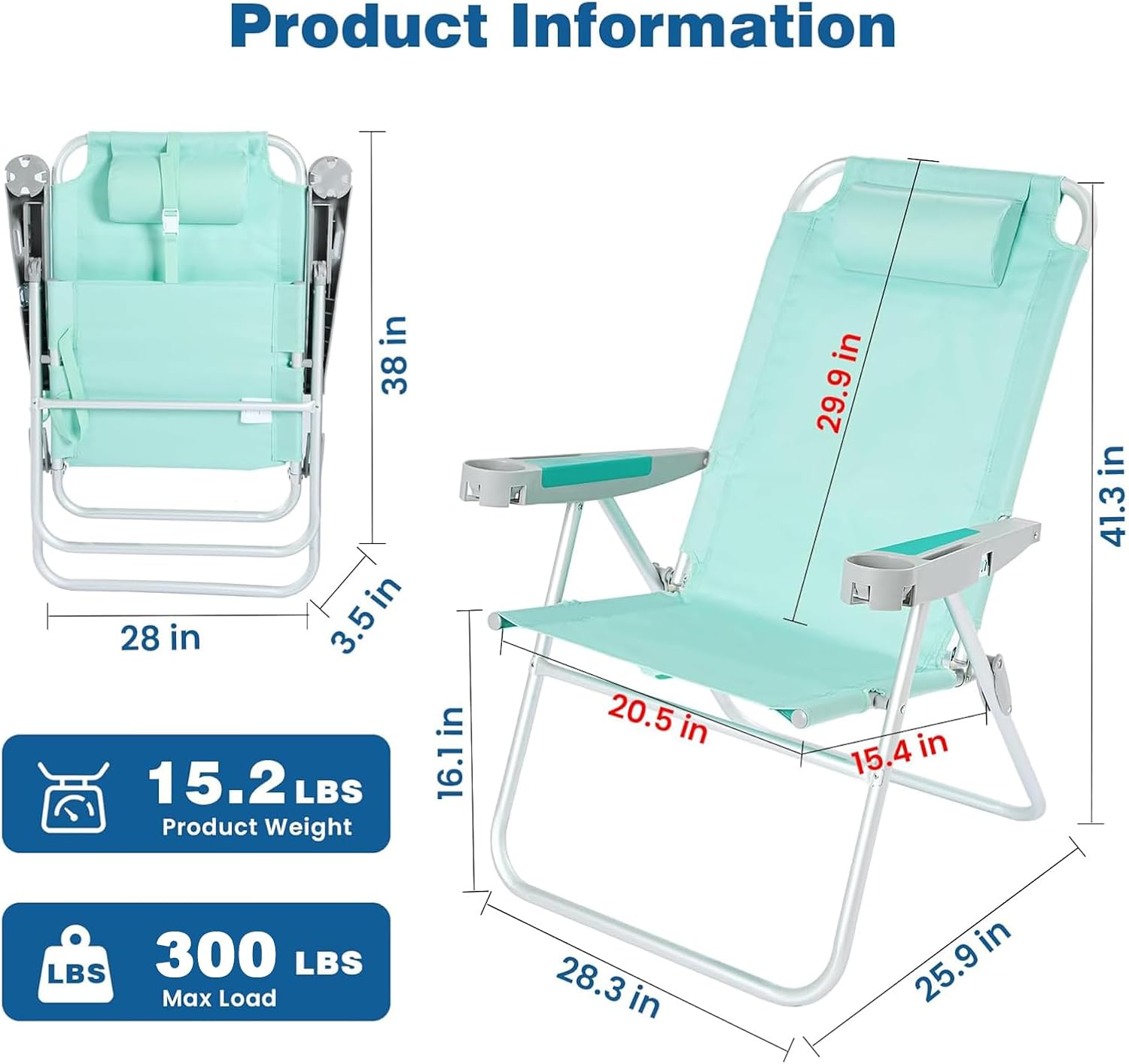 SUNNYFEEL Oversized Tall Folding Beach Chair Lightweight, 17" Portable Sand Chair for Adults Heavy Duty 500 LBS with Cup Holders