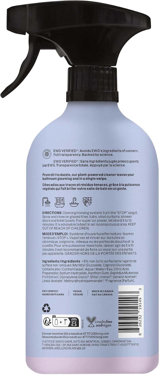 ATTITUDE Bathroom Cleaner Spray, EWG Verified, Plant-Based & Vegan, Safe for Bathroom Surfaces, Tiles, Tubs, Shower Walls, and Grout, Citrus Zest Scent, 27.1 Fl Oz