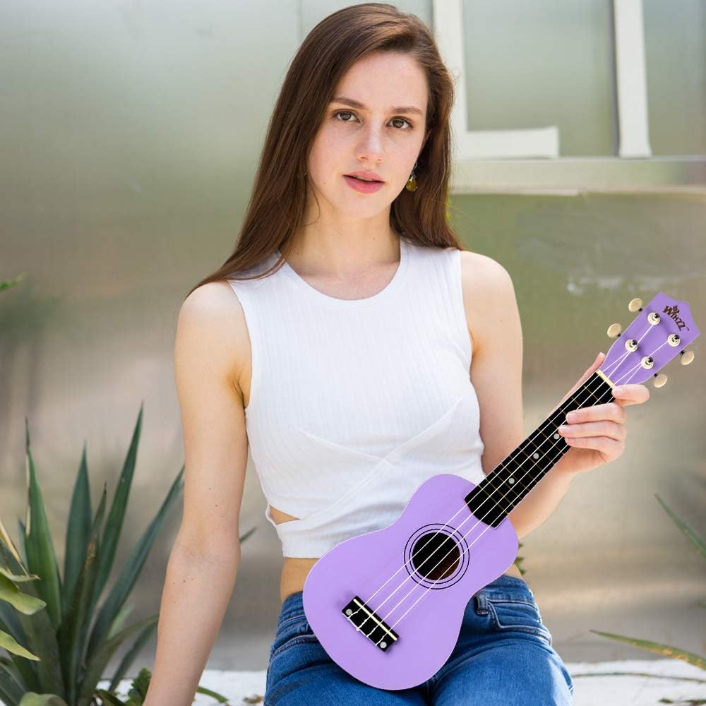 Winzz Soprano Ukulele Starter Kit For Beginners with Bag, Clip-On Tuner, Extra Strings, Strap, Plectrum, Fret Stickers, Chords Card, Polishing Cloth, Black