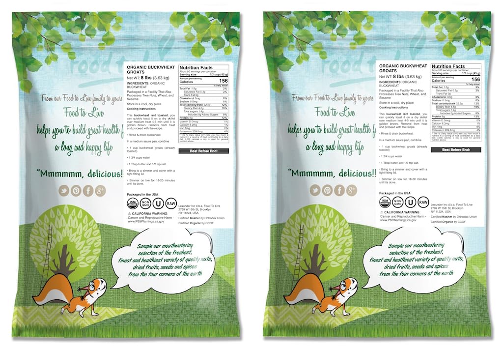 Food to Live Organic Buckwheat Groats, 15 Pounds – Whole Grain Buckwheat Seeds by Food to Live. Hulled, Non-GMO, Kosher, Raw, Vegan, Sirtfood. Bulk Cereal Grain