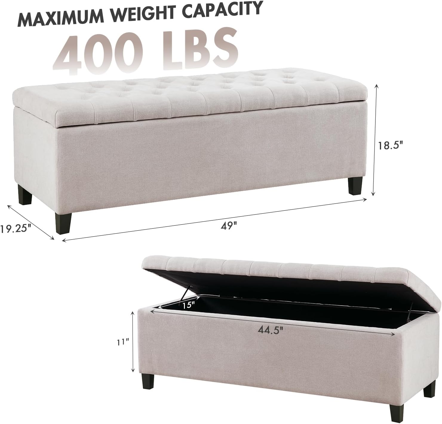 Madison Park 49" Upholstered Storage Bench, Button Tufted End of Bed Bench with Storage, Dual Spring Soft-Close Lid, Bedroom Bench for Queen King Bed, Entryway Living Room, Grey
