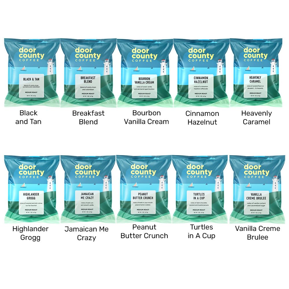 Door County Coffee Gourmet Flavored Sampler Pack, Ten 1.5 oz Bags