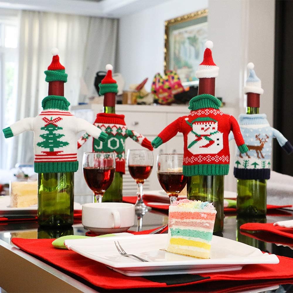 Vpang Christmas Bottle Cover Bag Knitted Wine Bottle Sweaters Cover Dress with Hat Set of 4