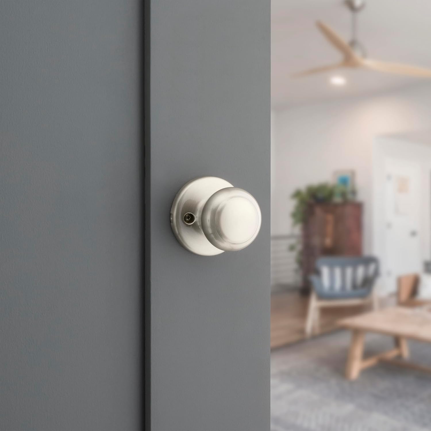 Kwikset Cove Interior Privacy Door Knob with Lock, Door Handle For Bathroom and Bedroom, Satin Nickel Keyless Turn Lock Doorknob, with Microban Protection