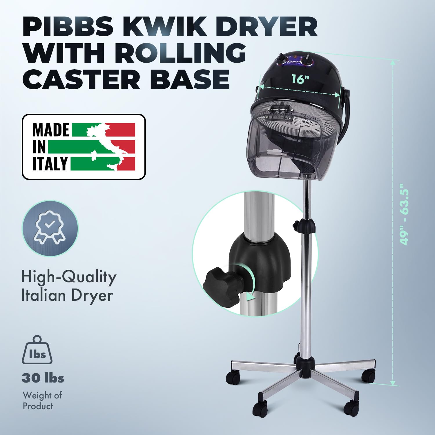 514 Kwik Dri Professional Salon Hooded Hair Dryer 1100W Black | Italian-Made CE Certified, Adjustable Height And Hood, 0–60 Min Timer, Temp Dial