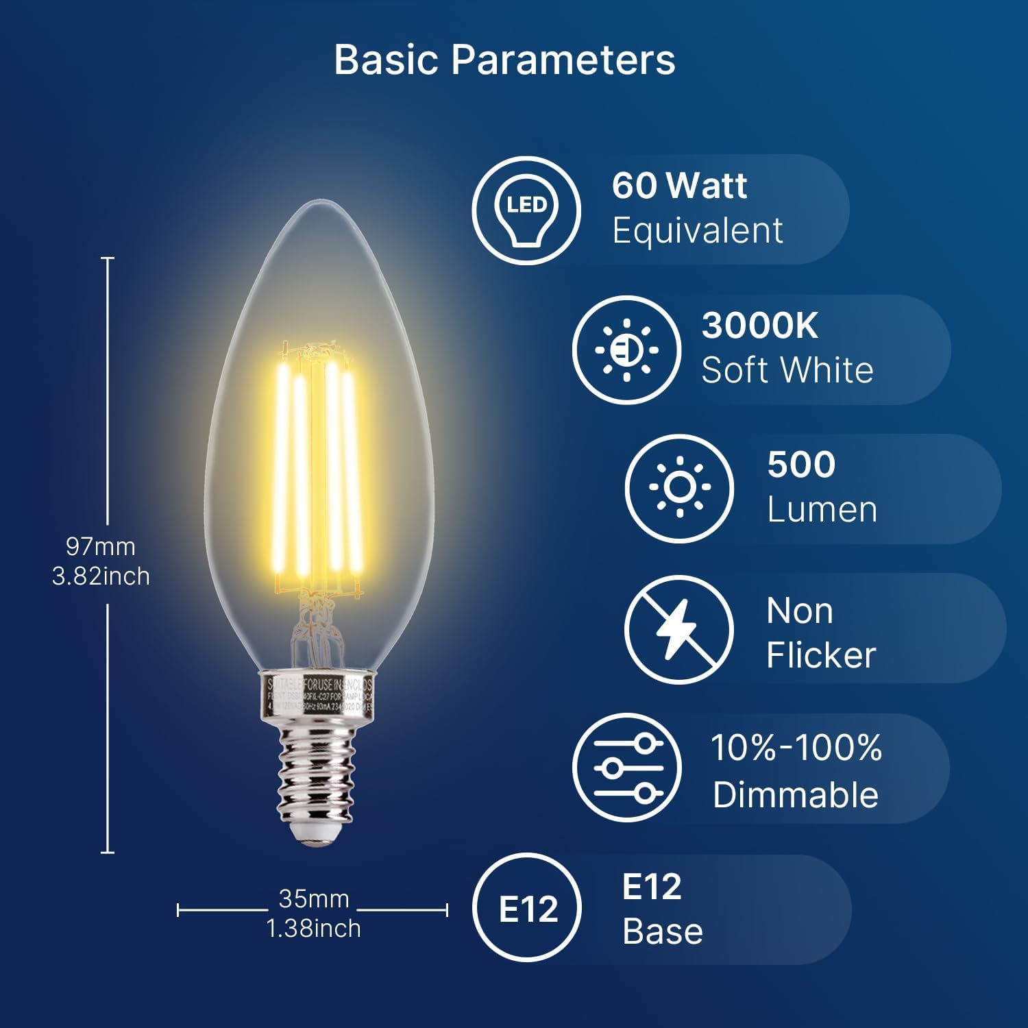 60W Equivalent LED Chandelier Light Bulbs, Dimmable, E12 Base, Clear B11 LED Filament Candelabra Bulbs, 2700K Soft White, 6 Pack
