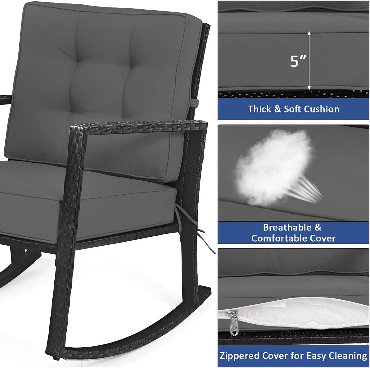 Tangkula Wicker Rocking Chair, Outdoor Glider Rattan Rocker Chair with Heavy-Duty Steel Frame