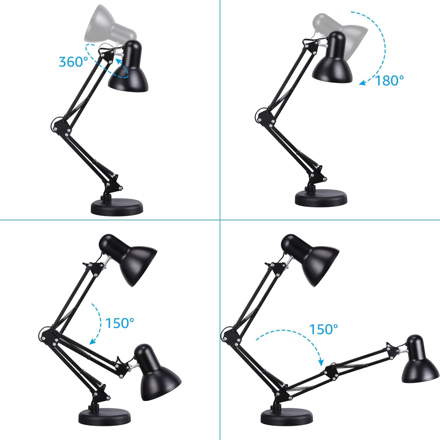 TORCHSTAR Metal Desk Lamp, Adjustable Swing Arm, E26, Black | Architect Gooseneck Multi-Joint Clip Table Lamp with Plastic Clamp, for Home Office, Work, Study, Reading, Bulbs not Included