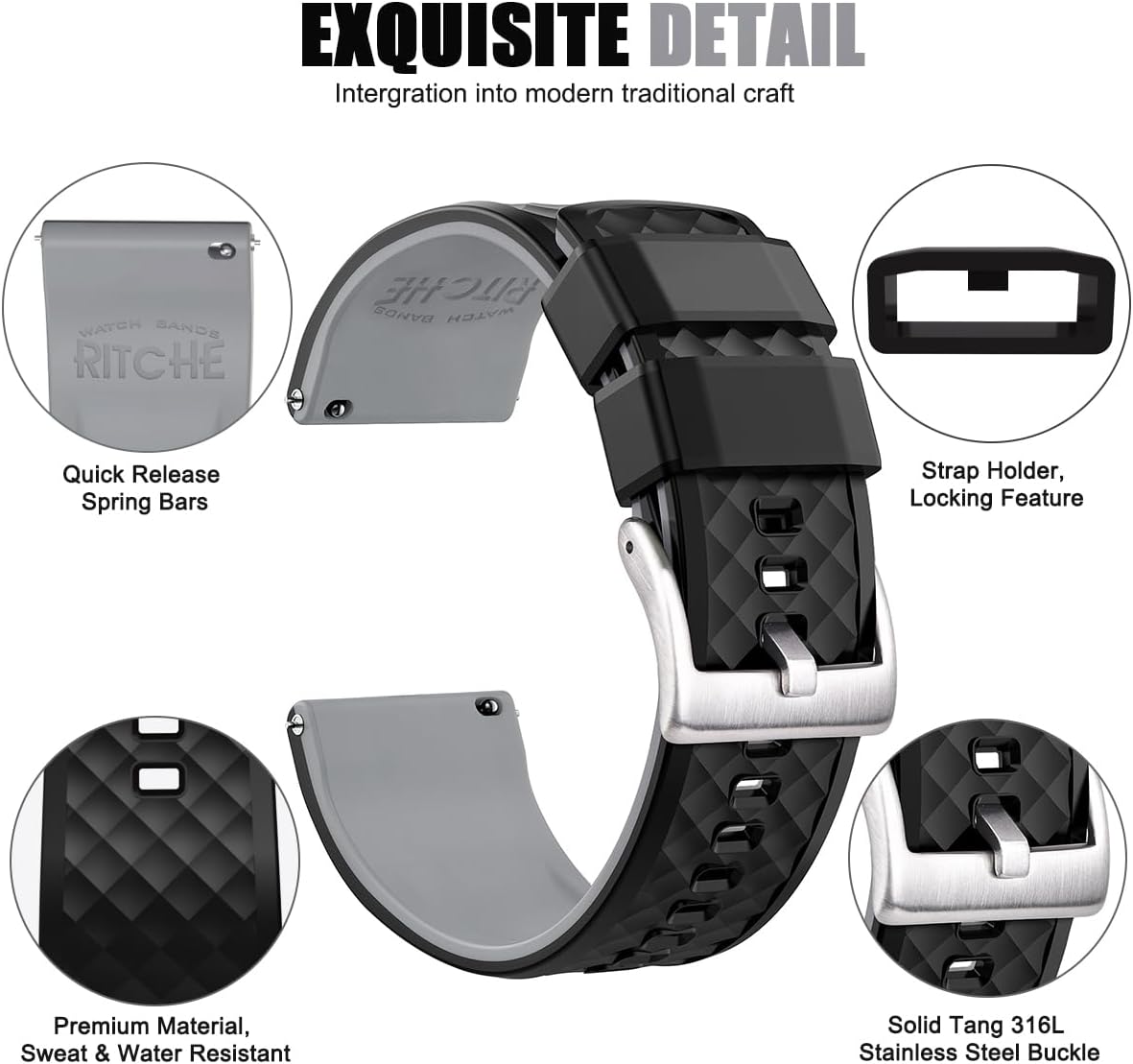 Ritche Christmas Gift Silicone Watch Bands 18mm 20mm 22mm 24mm Quick Release Rubber Watch Bands for Men, White Elephant Gifts