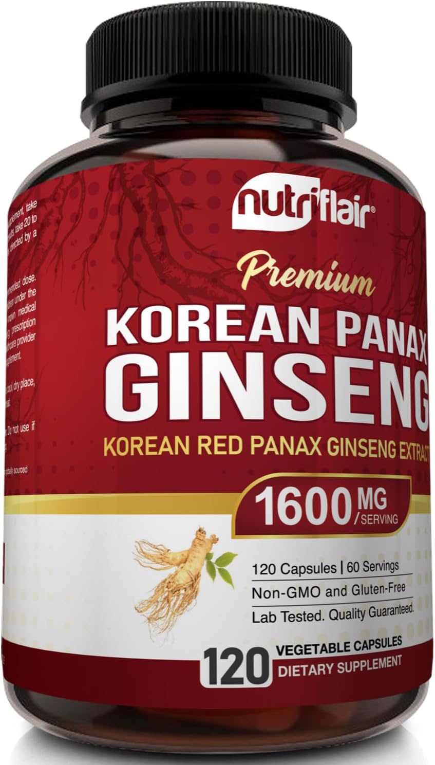 NutriFlair Korean Red Panax Ginseng 1600mg – 120 Vegan Capsules | 5% Ginsenosides | Non-GMO
