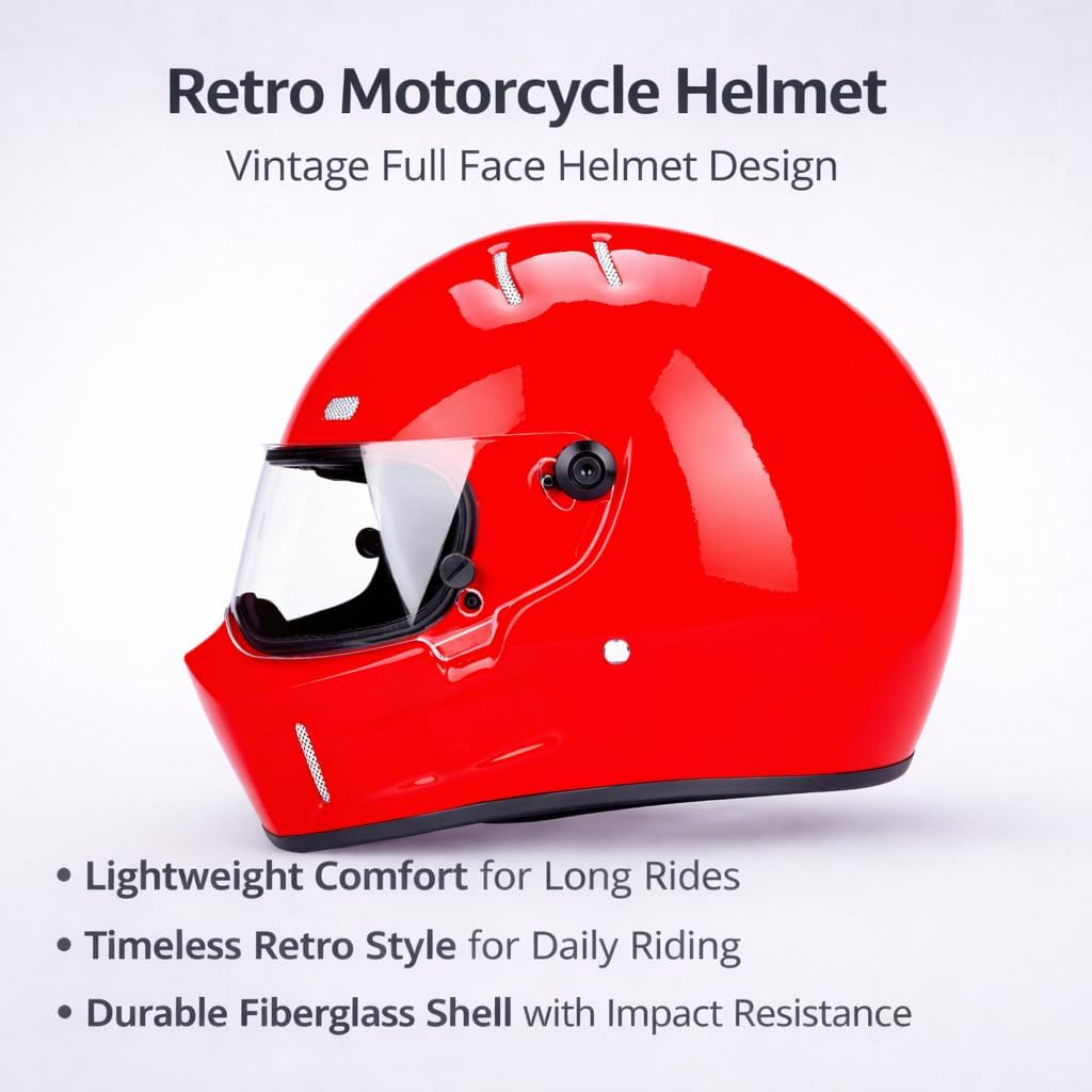 CRG Sports Retro Full Face Motorcycle Helmet, DOT Approved Fiberglass Street Bike Helmet with Clear Visor, Lightweight Cafe Racer Cruiser Motorcycle Helmet