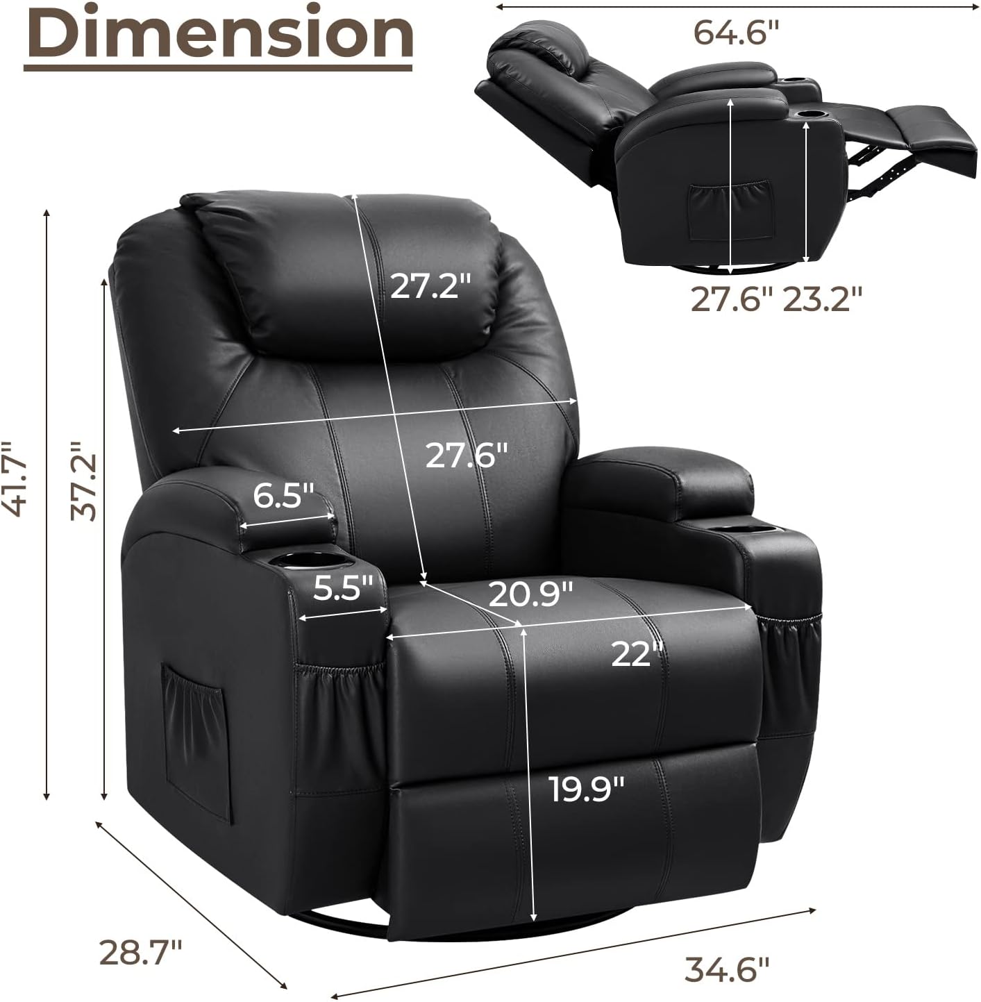Furniwell Rocker Recliner Chair with Massage for Elderly, Leather Adjustable 360°Swivel Rocking Sofa for Living Room with Remote Control