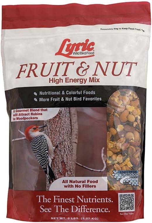 Lyric Fruit and Nut Wild Bird Seed - High Energy Wild Bird Food Mix - Attracts Woodpeckers, Chickadees & Other Songbirds -5 lb. Bag | Attracts Woodpeckers, Chickadees and other songbirds