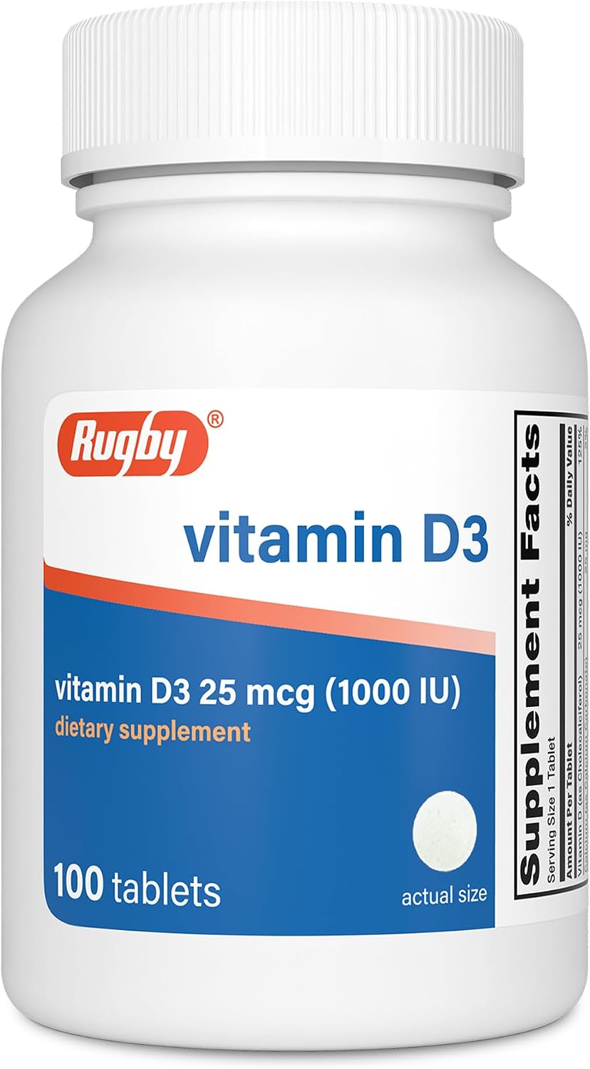 Rugby Vitamin D3, 25 mcg (1,000 IU) Dietary Supplement, 100 Count (1-Pack)