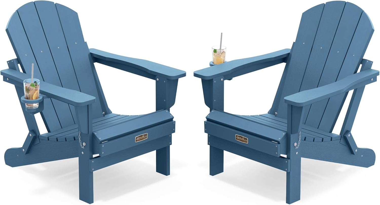 SERWALL Folding Adirondack Chairs with Cup Holder, Outdoor Fire Pit - Blue