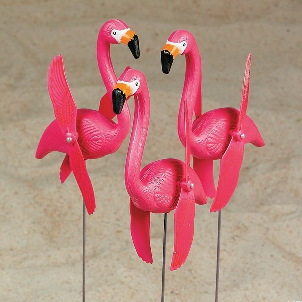 Fun Express Mini Pink Flamingos Yard Ornaments Set of 6 - Wind Spinners Outdoor with Twirling Wings | Flamingo Decor Gifts for Women | Tropical Luau